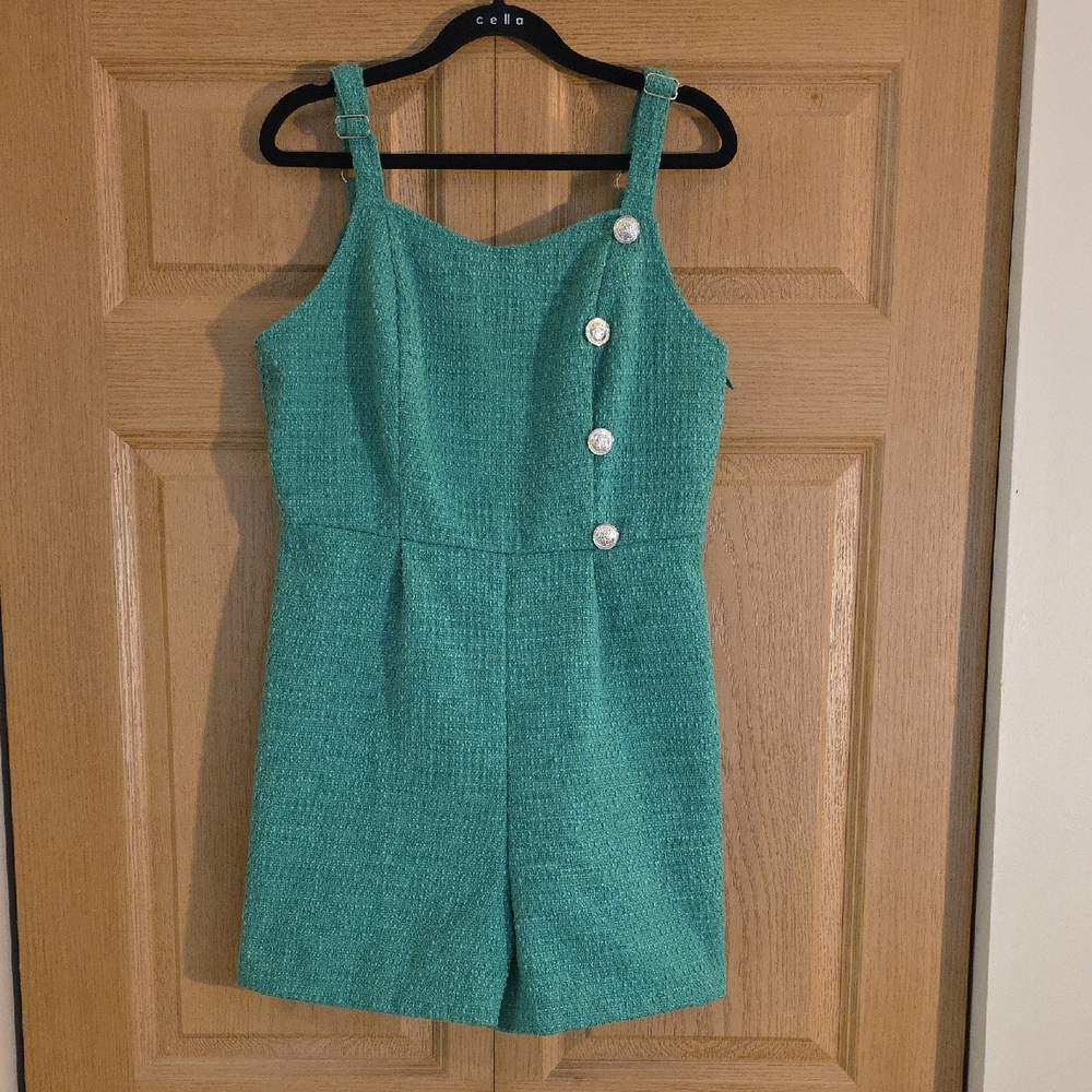 New York & Company Teal Boucle Tweed Romper Jewel Buttons Women's M‎ Chic Summer